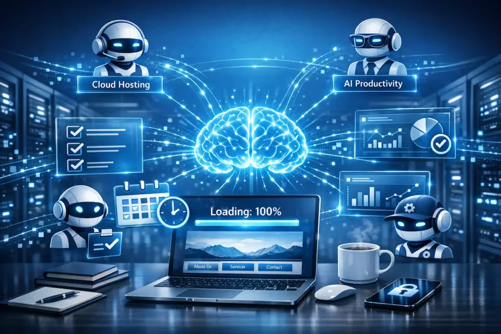 Un servidor en la nube de alta tecnología con luces azules de neón, representando infraestructura web moderna y segura para empresas en 2026.