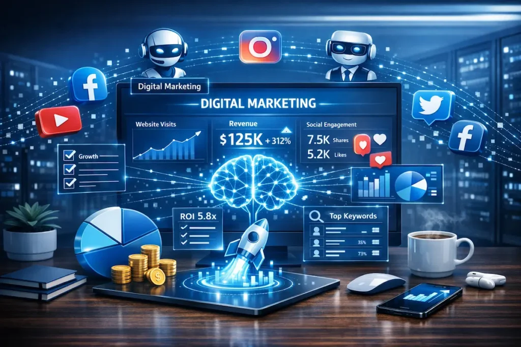 Panel de control de marketing digital con métricas de crecimiento, ROI y analítica de redes sociales para pequeñas empresas en 2026