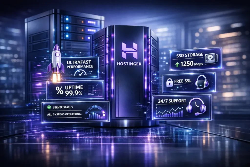 Futuristic server rack illuminated with neon purple and blue lights, displaying floating digital metrics for "Hostinger": Ultrafast Performance rocket, 99.9% Uptime, Free SSL, and 24/7 Support icons. High-tech professional 3D render for Hostinger Review 2026.