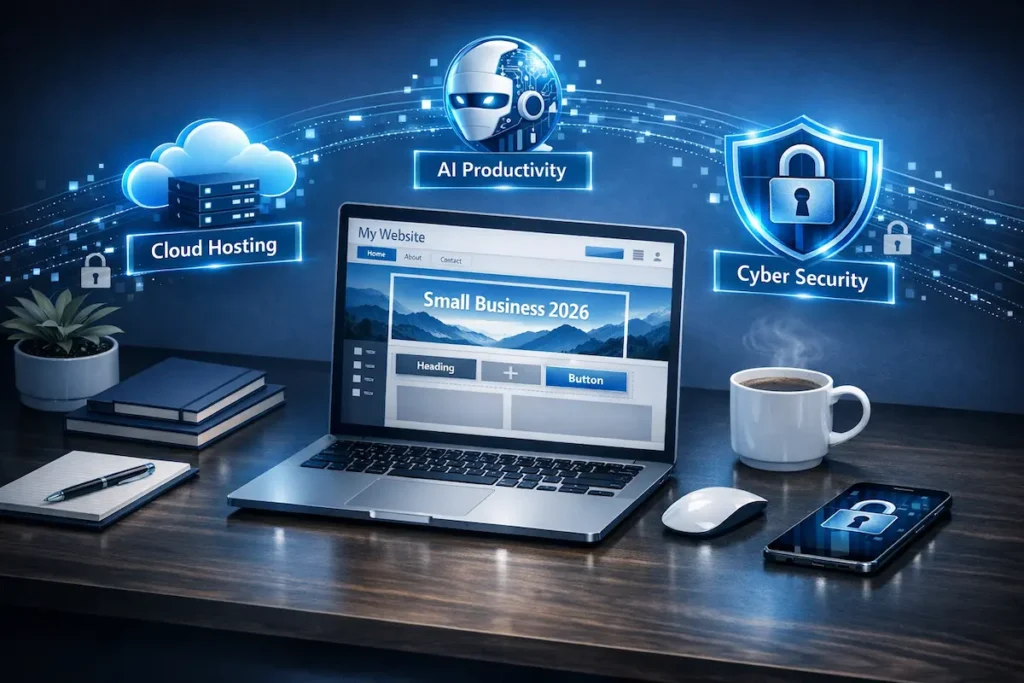 Un espacio de trabajo moderno y tecnológico con iconos flotantes de herramientas de software, IA y analítica para pequeñas empresas en 2026.