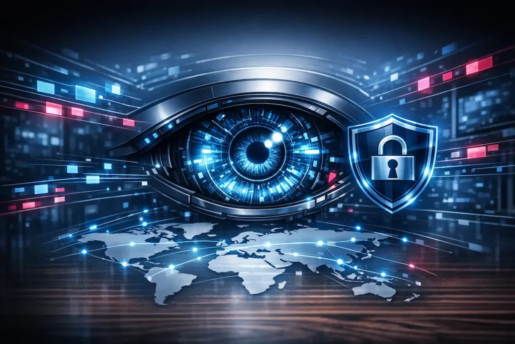Mejores servicios VPN 2026: Concepto de ojo digital que muestra privacidad y protección de datos global.