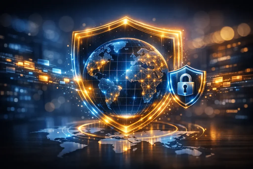 Mejores servicios VPN 2026: Globo digital protegido por un escudo que representa la libertad y seguridad en internet a nivel mundial.
