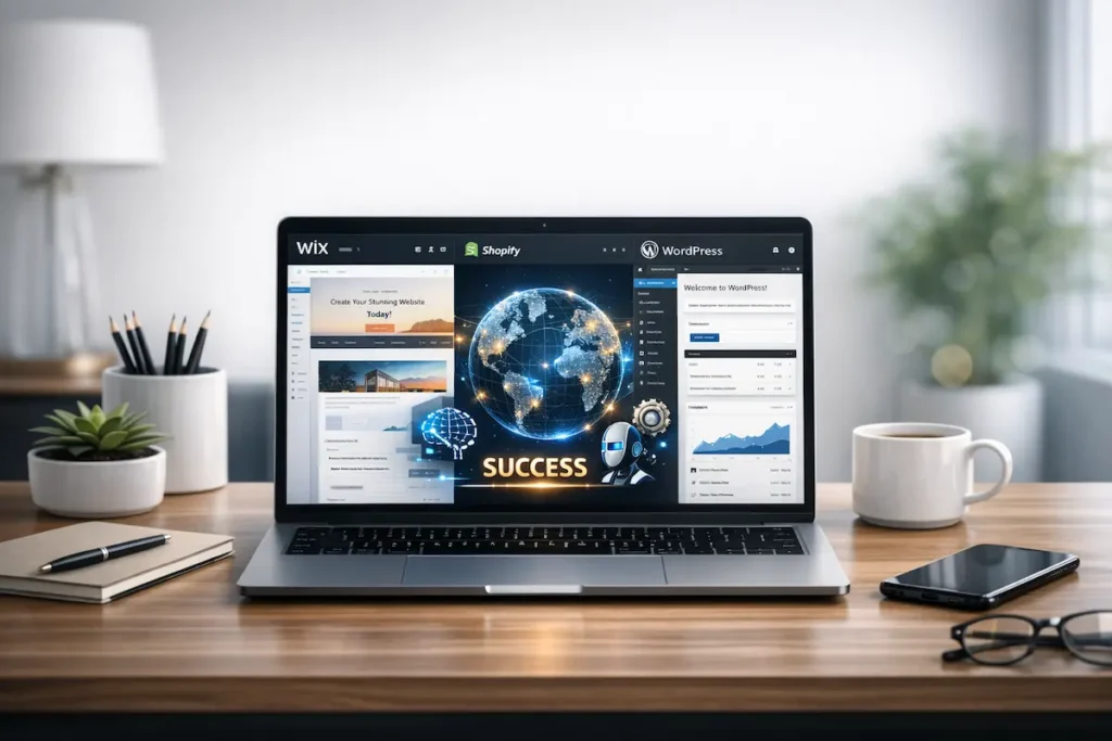 Comparativa de las mejores plataformas para crear una web en 2026: interfaces de Wix, Shopify y WordPress.