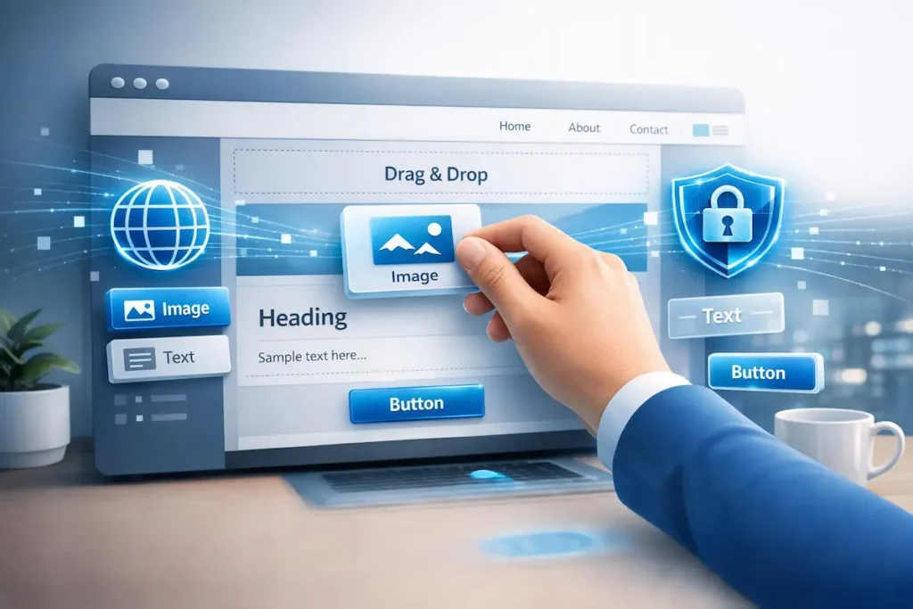 A close-up of a hand dragging an image block into a visual website builder interface, illustrating easy web design.