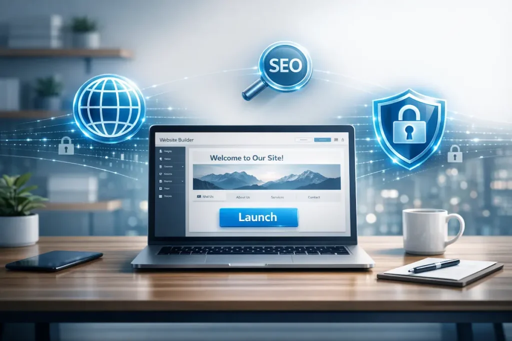 Portátil mostrando una interfaz de lanzamiento de sitios web con iconos flotantes de SEO, seguridad y alcance global.