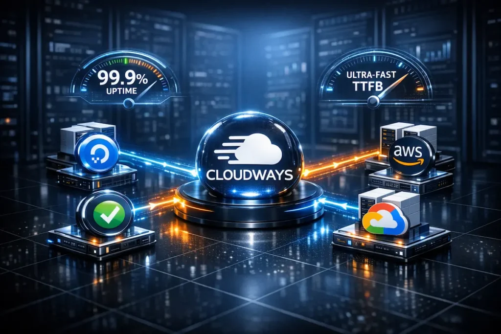 Infraestructura de hosting gestionado Cloudways mostrando conectividad con DigitalOcean, AWS y Google Cloud con métricas de rendimiento 2026.