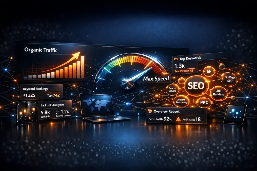 Semrush Opiniones 2026: Panel de control mostrando análisis SEO avanzado e interfaz de Keyword Magic Tool.