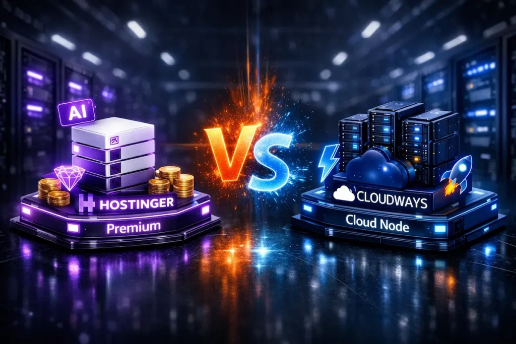 Comparativa visual Hostinger vs Cloudways 2026: Interfaz de IA frente a infraestructura cloud dedicada.