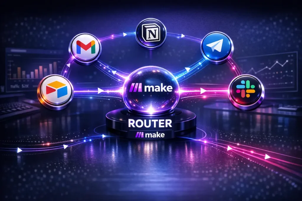 Ilustración digital de un nodo central "Router" de Make.com distribuyendo flujos de datos hacia aplicaciones como Notion, Gmail, Slack y Telegram en un entorno tecnológico de neón.