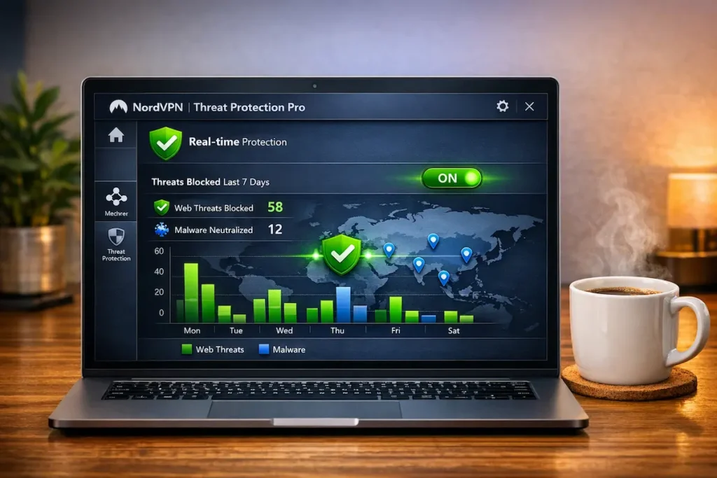 Interfaz de NordVPN 2026 mostrando Protección contra Amenazas