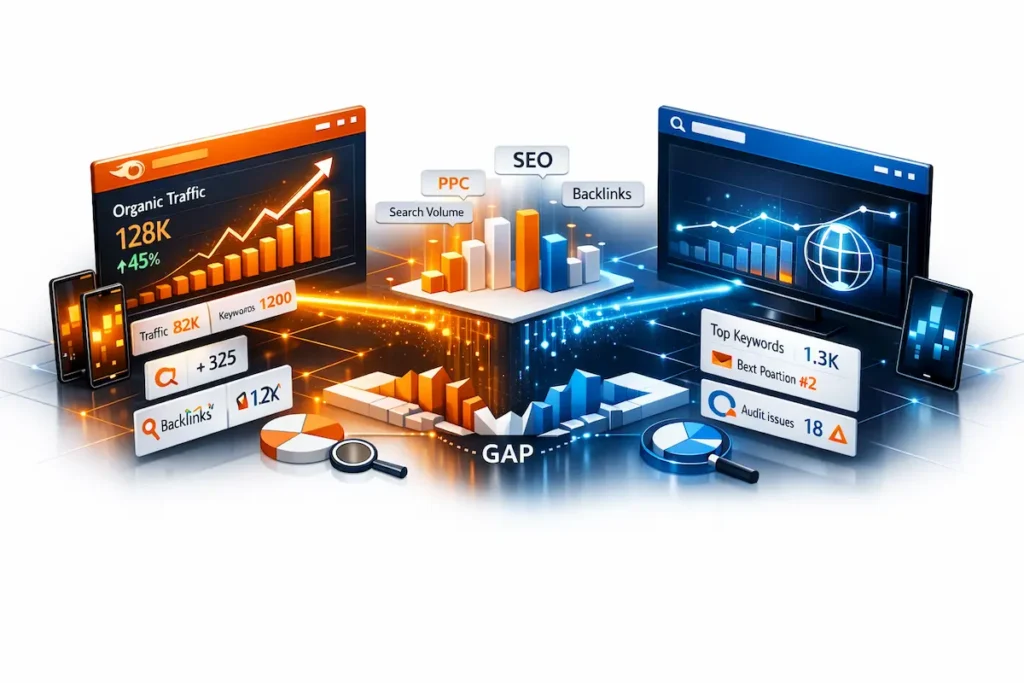 Semrush Opiniones 2026 mostrando análisis competitivo y herramientas de brecha de palabras clave para investigación de mercado.