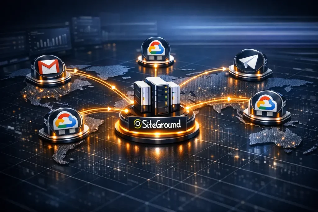 Mapa global de servidores de SiteGround conectados mediante la infraestructura de alta velocidad de Google Cloud.