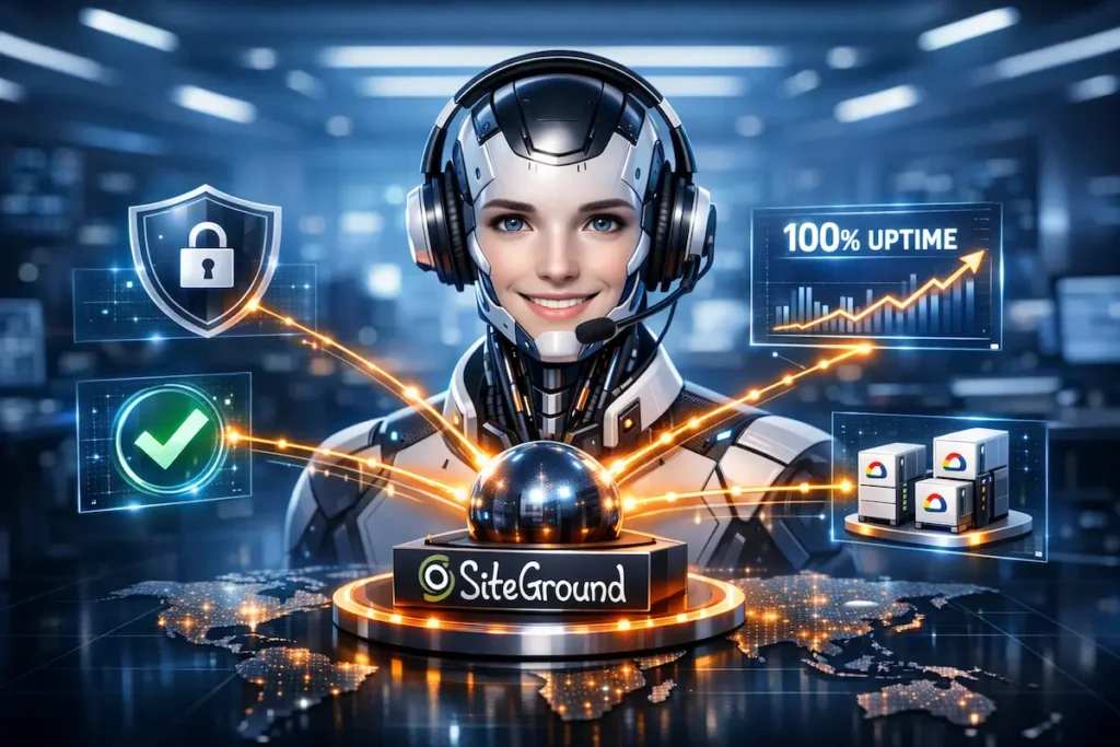 Soporte técnico especializado de SiteGround disponible 24/7 con monitoreo de seguridad y tiempo de actividad.