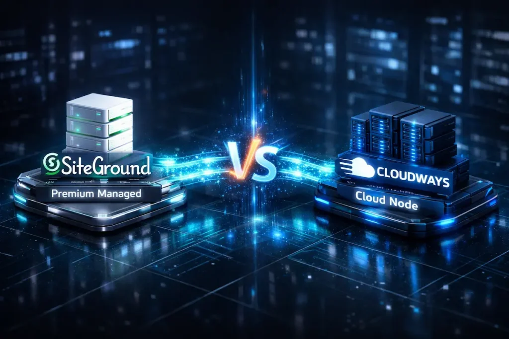 Comparativa SiteGround vs Cloudways 2026: hosting gestionado premium frente a infraestructura de nodos cloud escalables.
