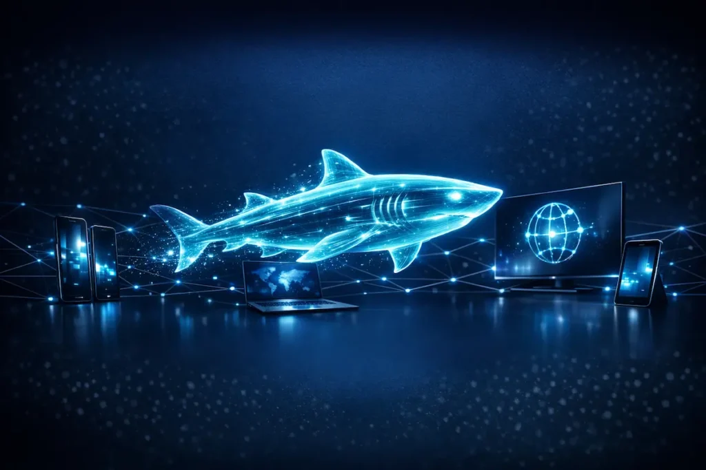 Infografía de la VPN Surfshark 2026 mostrando un tiburón digital protegiendo una red global de servidores con encriptación avanzada.