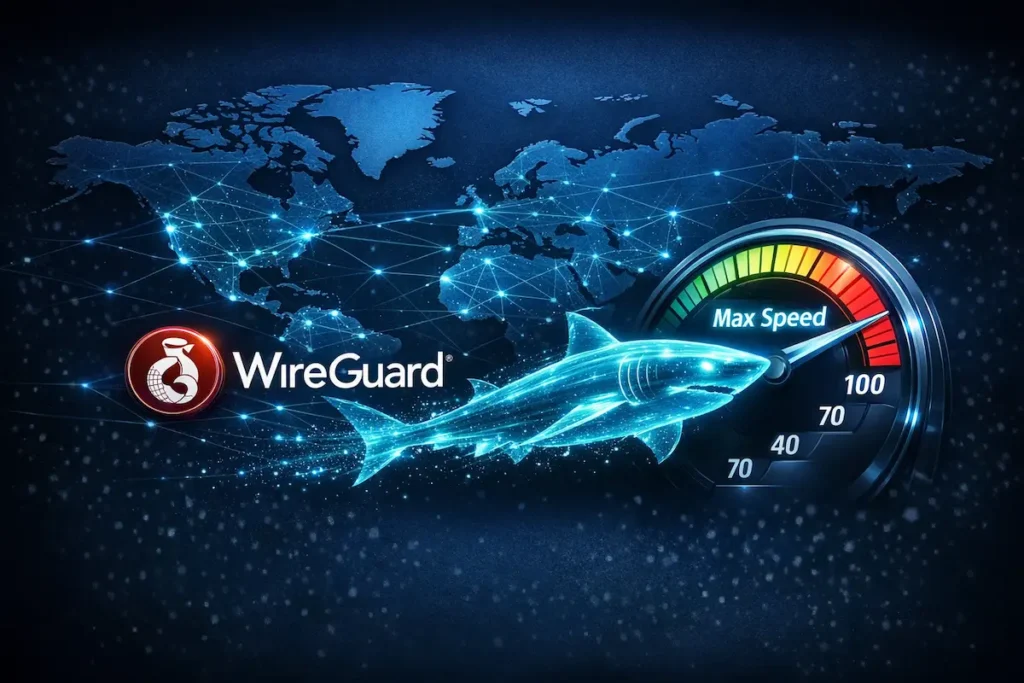 Resultados del test de velocidad de Surfshark 2026 comparando servidores de EE. UU., Reino Unido y Japón con el protocolo WireGuard.