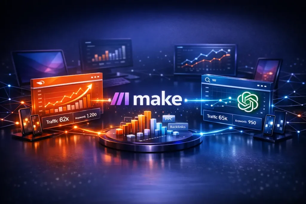 Visualización 3D profesional del panel de Make.com conectando módulos de Gmail, Telegram y servicios en la nube a través de rutas de datos brillantes sobre una cuadrícula tecnológica oscura.
