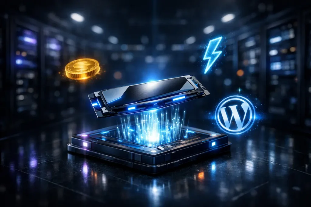 Comparativa del mejor hosting web barato en 2026 mostrando rendimiento NVMe y optimización para WordPress.