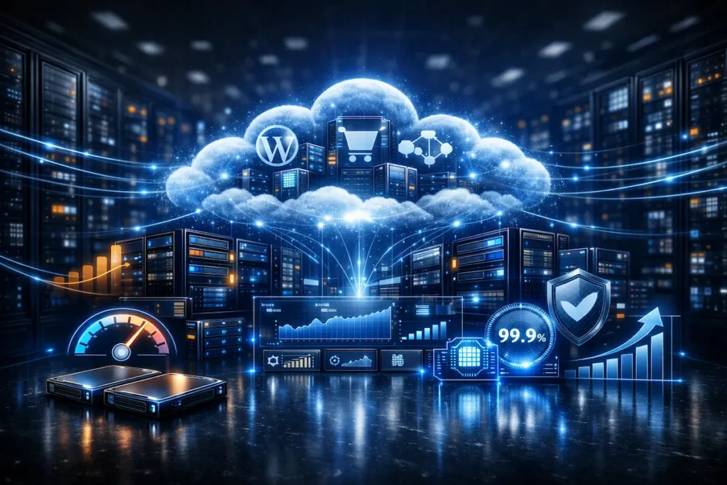 Cloud hosting en 2026 mostrando infraestructura escalable, rendimiento cloud, servidores NVMe y estabilidad bajo tráfico elevado