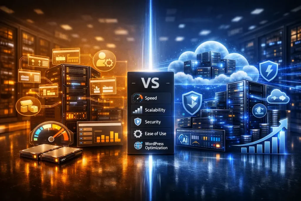 Hosting WordPress gestionado vs hosting compartido en 2026 mostrando optimización WordPress, escalabilidad, rendimiento, seguridad e infraestructura del servidor