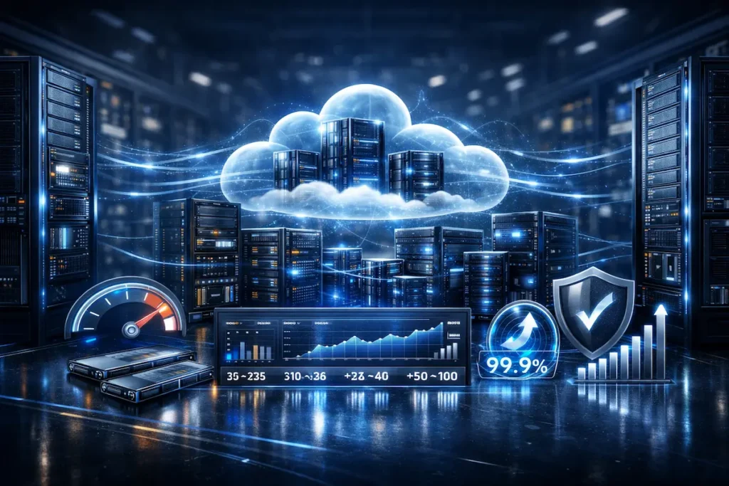 Comparativa de VPS hosting en 2026 mostrando infraestructura cloud escalable, rendimiento NVMe, estabilidad del servidor y recursos dedicados VPS