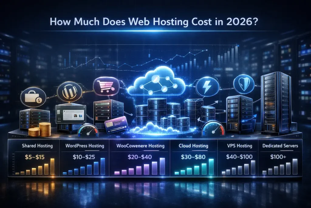 Web hosting pricing comparison in 2026 showing shared hosting, cloud hosting, WordPress hosting, and scalability costs
