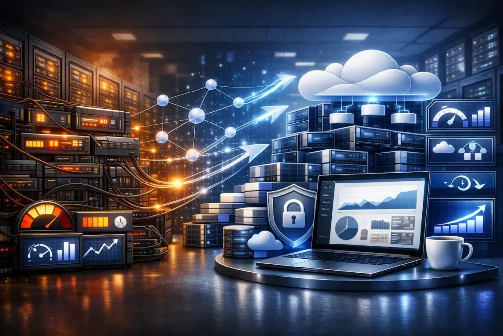 Ilustración de un blog moderno funcionando sobre una infraestructura de hosting cloud rápida, segura y optimizada para WordPress.