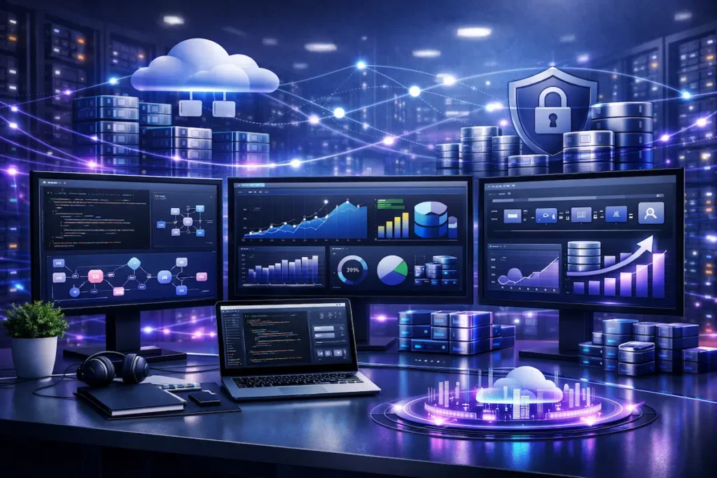 Infraestructura cloud escalable para startups SaaS con servidores, paneles de analítica y herramientas de despliegue de aplicaciones.