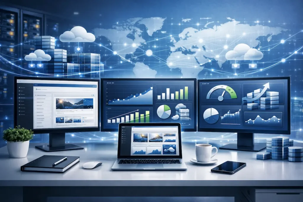 Infraestructura moderna de hosting para agencias gestionando múltiples sitios web de clientes con paneles de rendimiento y servidores cloud escalables.