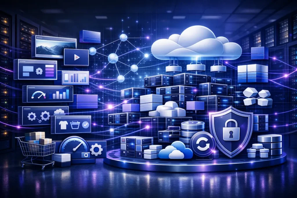 Ilustración de una plataforma de hosting WordPress gestionado con infraestructura cloud, copias de seguridad automáticas y sistemas avanzados de seguridad.