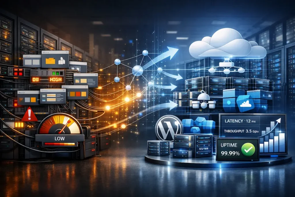 Ilustración de una web creciendo y pasando de hosting compartido a cloud hosting para mejorar el rendimiento y la escalabilidad.