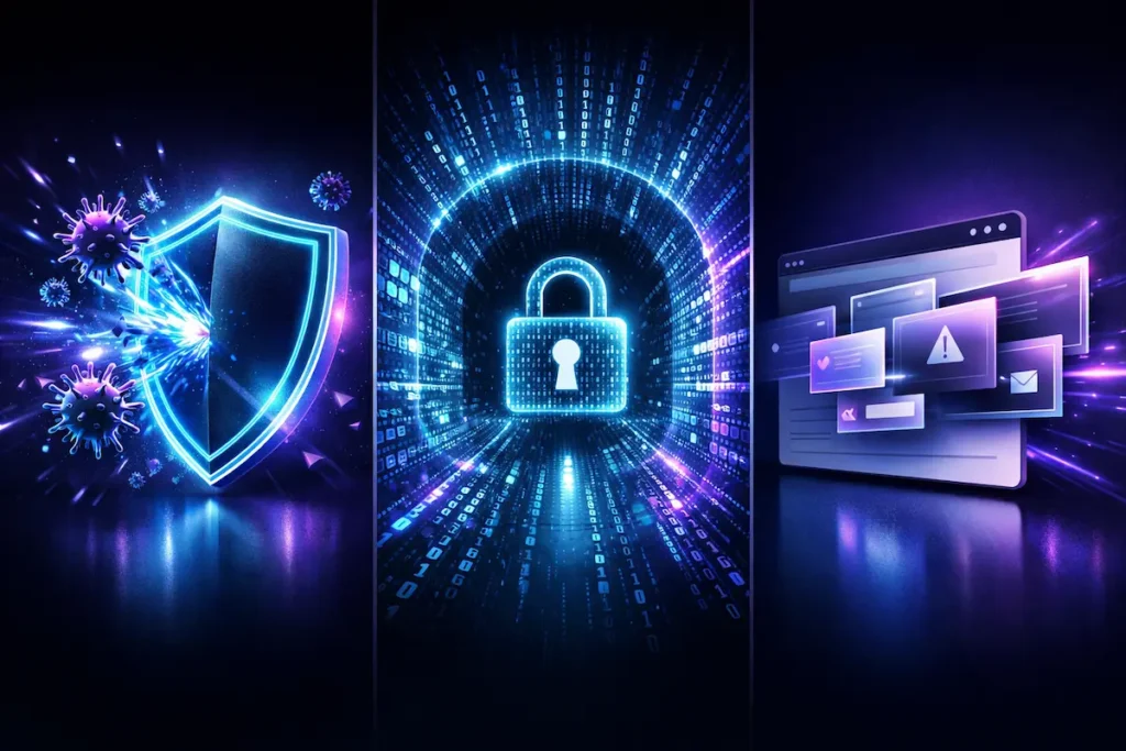 Diagrama técnico editorial que muestra las tres capas de la seguridad digital: cifrado de red (VPN), protección del sistema (Antivirus) y filtrado de scripts (Bloqueador de publicidad).