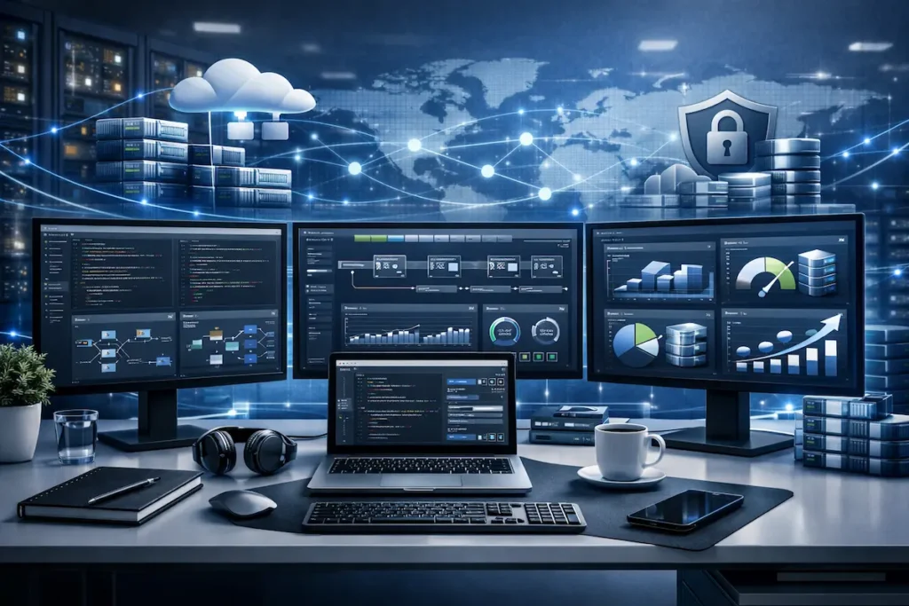 Desarrollador trabajando en una infraestructura cloud escalable con herramientas de despliegue, APIs, bases de datos y servidores de alto rendimiento.