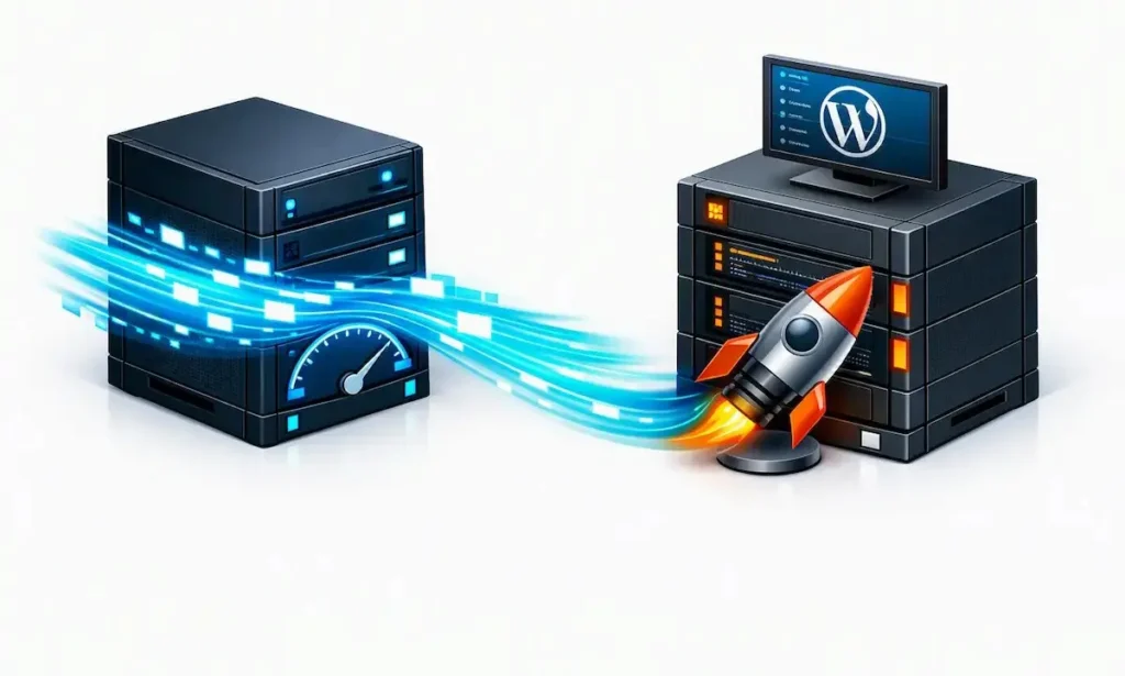 Ilustración 3D comparando la caché a nivel de servidor de LiteSpeed frente a la caché de aplicación de WP Rocket en WordPress.