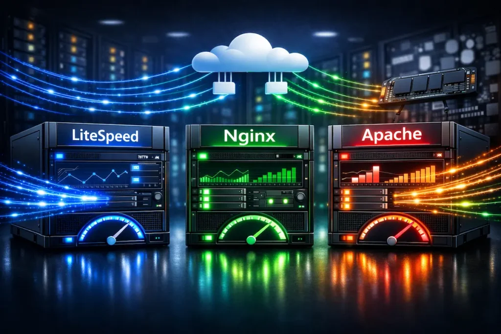 Comparativa entre LiteSpeed, Apache y Nginx mostrando las diferencias de rendimiento, velocidad y eficiencia en servidores web para hosting en 2026.