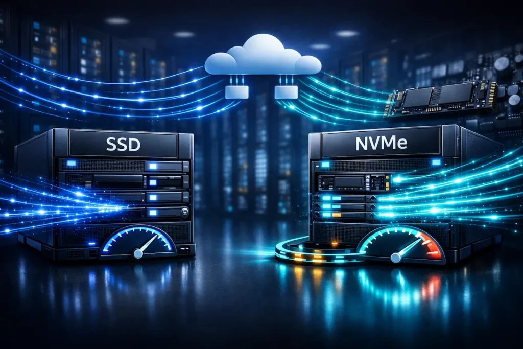 Comparativa SSD vs NVMe Hosting mostrando las diferencias de velocidad, rendimiento y latencia para WordPress, WooCommerce y sitios web modernos.
