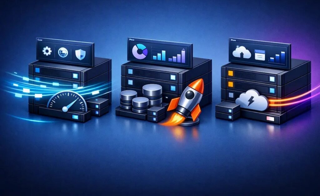 Infografía conceptual en 3D que compara las interfaces, rendimiento de servidor y bases de datos de los paneles de control cPanel, hPanel y Plesk en 2026.
