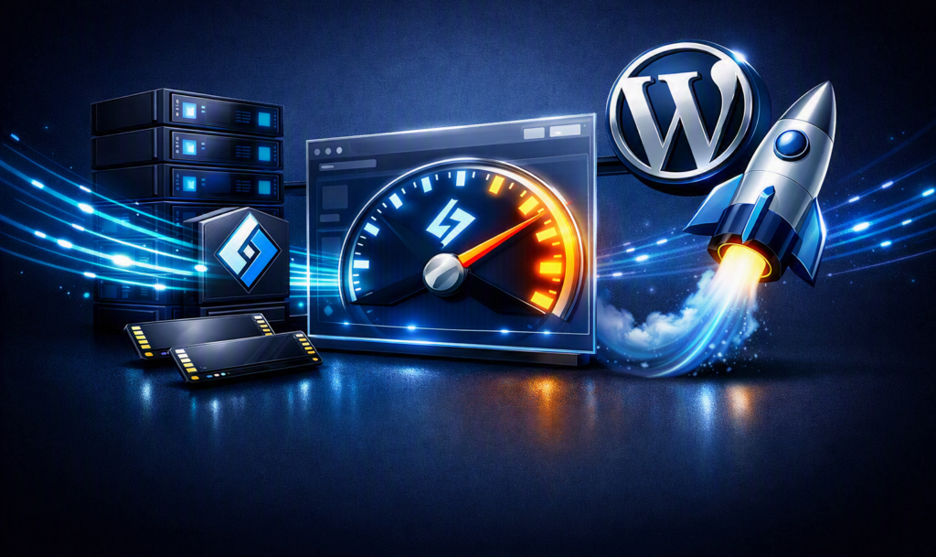 3D tech illustration showing LiteSpeed Web Server architecture accelerating a WordPress website and high-speed hosting infrastructure.