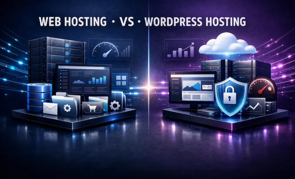 Web Hosting vs WordPress Hosting comparison showing general hosting and WordPress-optimized hosting infrastructure