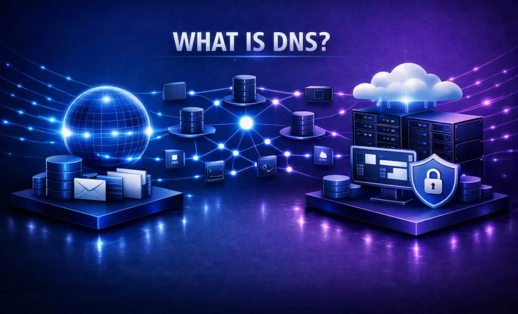 DNS explained showing how a domain name connects through the Domain Name System to a web hosting server